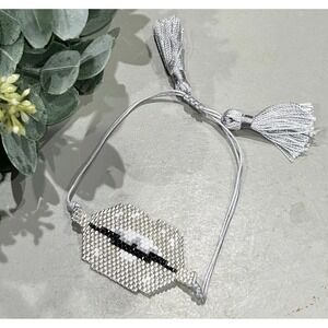 Seed Bead Lips - Mouth‎ - Adjustable Tie & Tassel Bracelet NEW Silver
